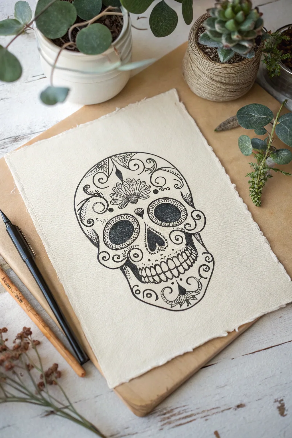 Ornate filigree cheeks bring elegant scrollwork flair to your sugar skull sketch.