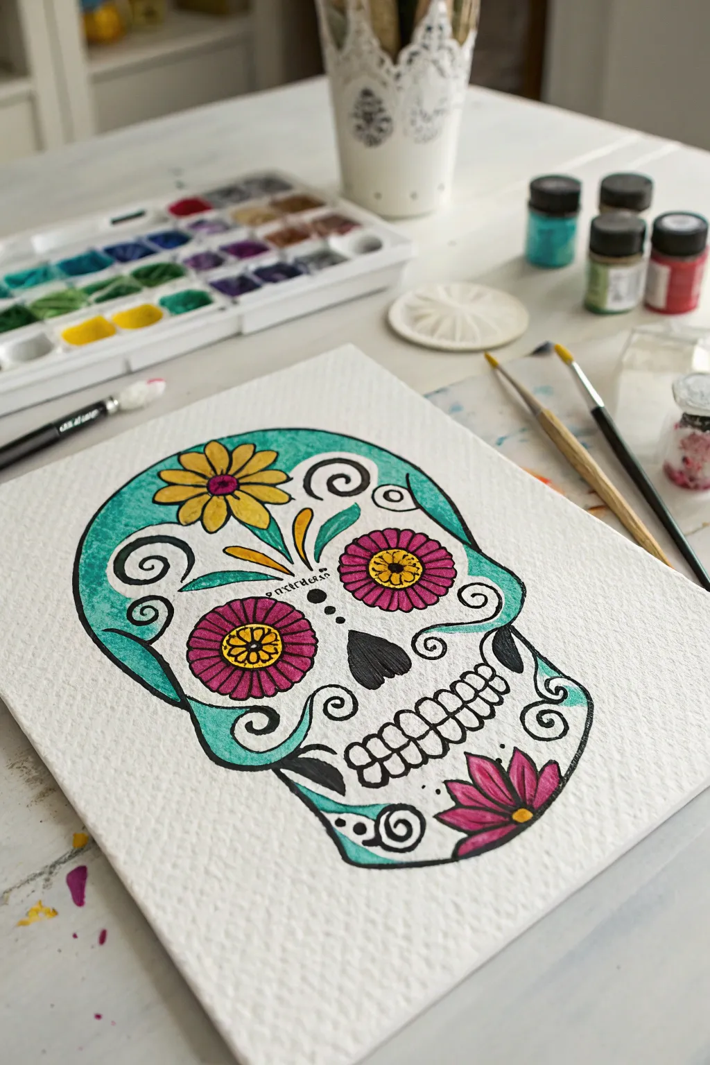 Bold color-block sugar skull with crisp outlines for a graphic, modern boho painting idea
