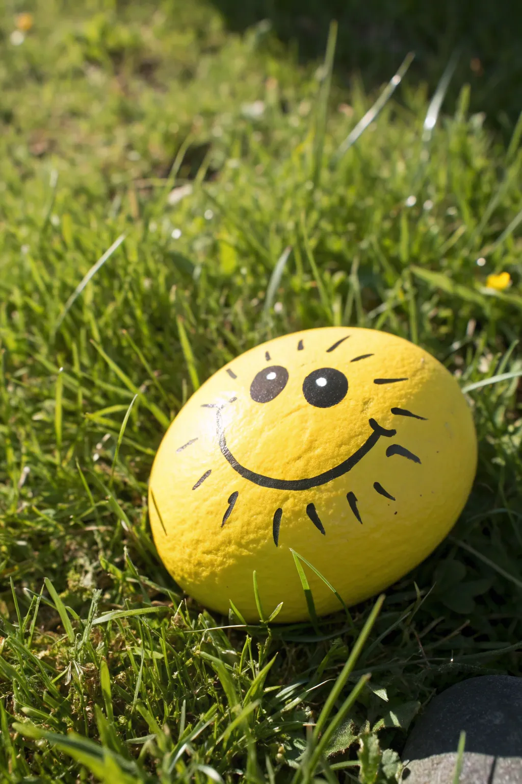Sunny face rock painting idea for summer, minimalist rays and warm light, perfect for beginners