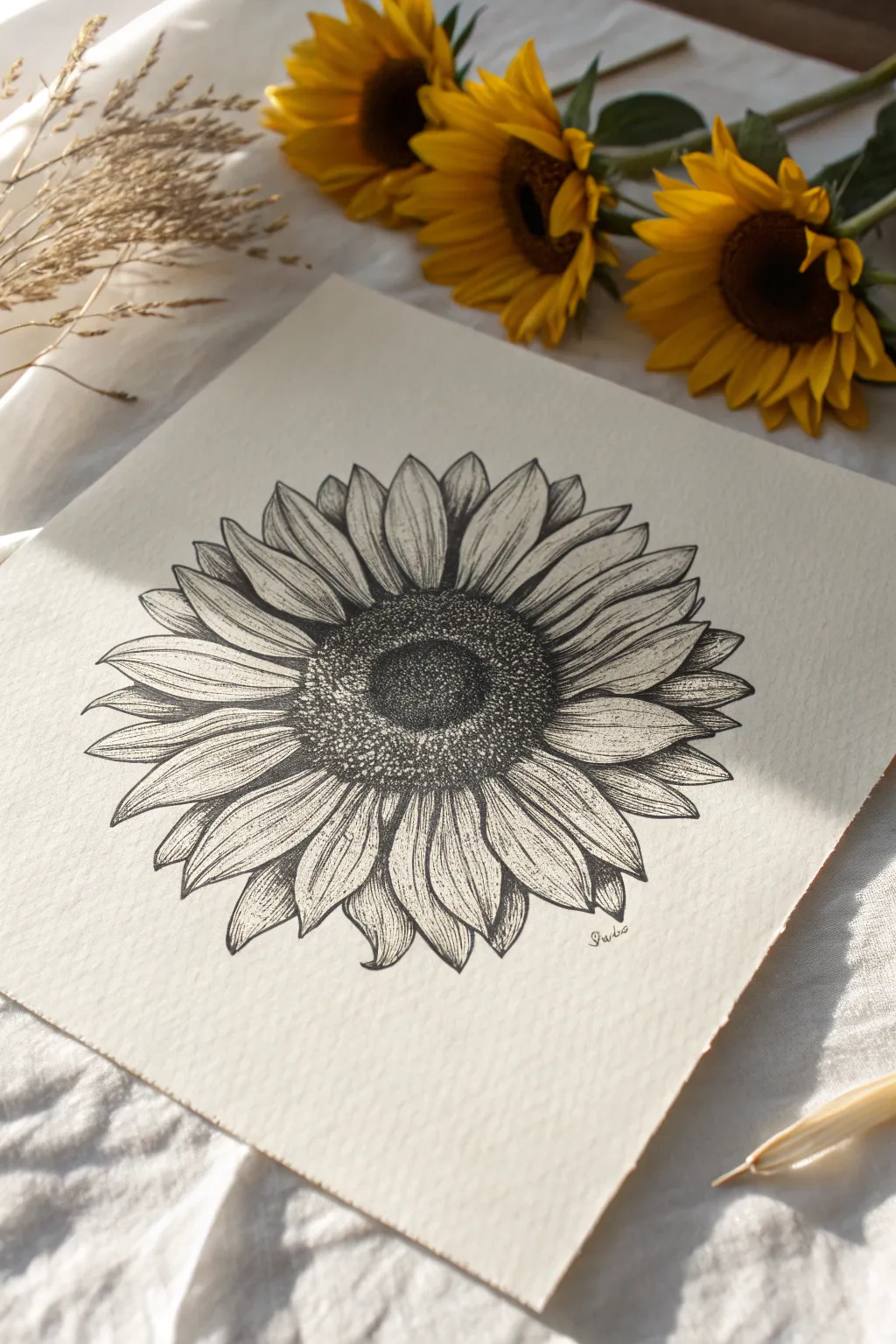 Sunflower center seed texture with stippling and cross-hatching, crisp contrast and minimal boho calm
