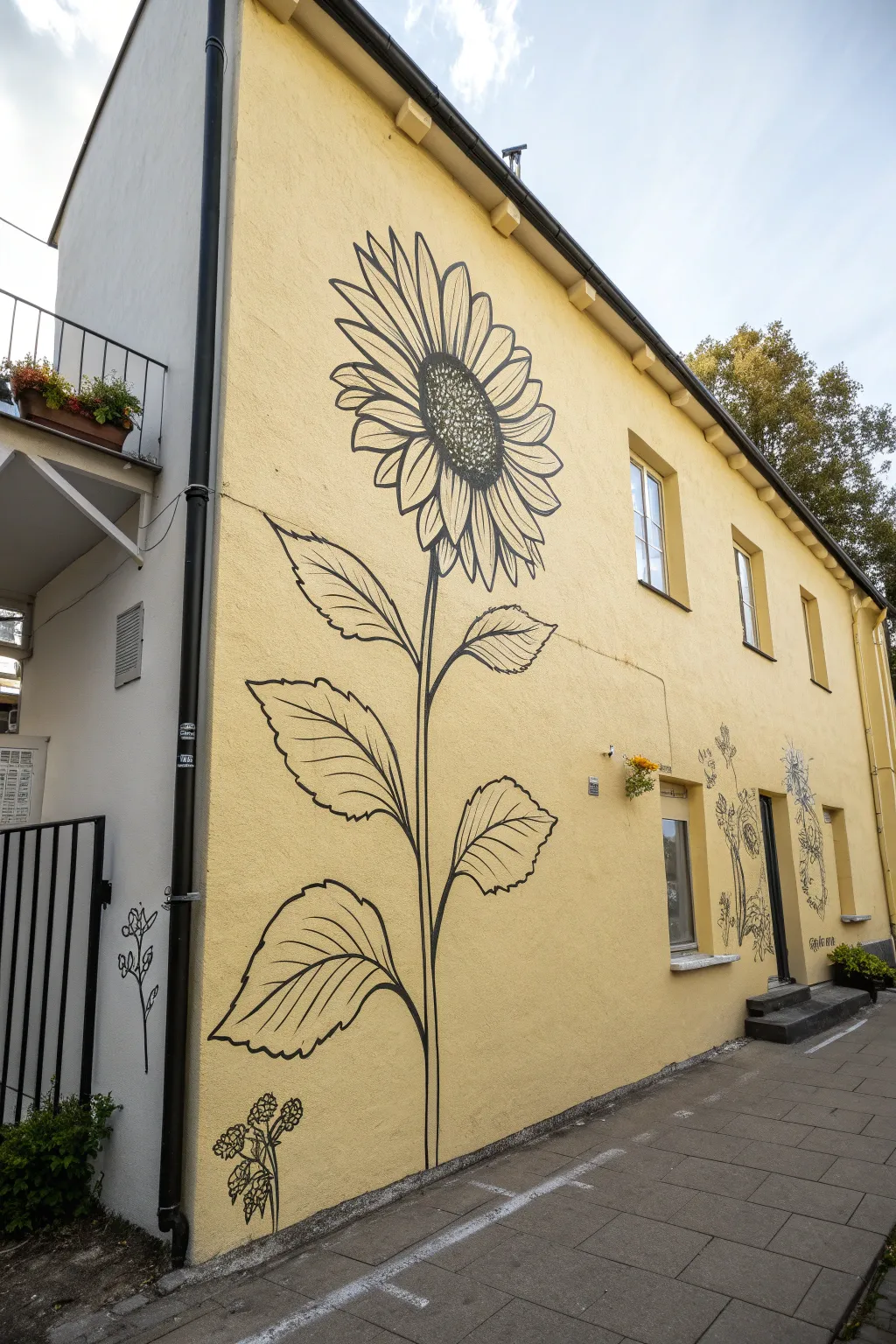 Minimal sunflower line art with subtle yellow pops for a clean Scandinavian-boho wall moment