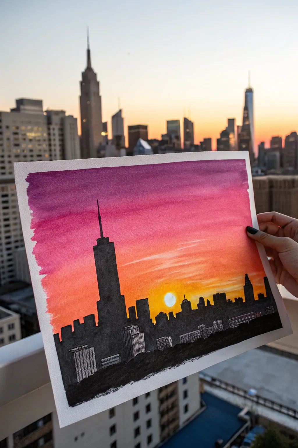 Minimal skyline silhouette with a glowing orange-to-magenta sunset for easy, bold contrast
