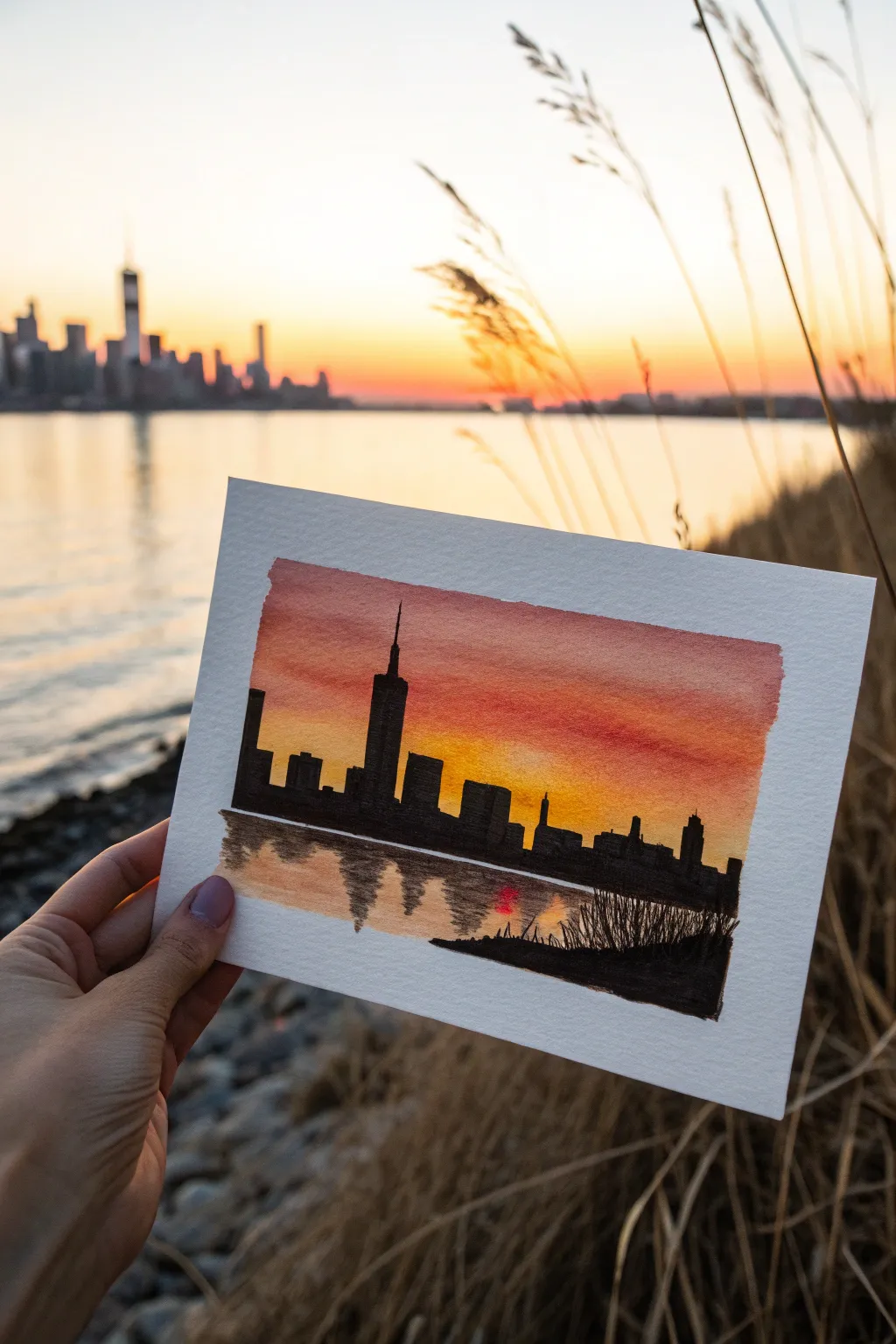 Minimal skyline silhouette against a warm sunset gradient, easy and striking to paint.