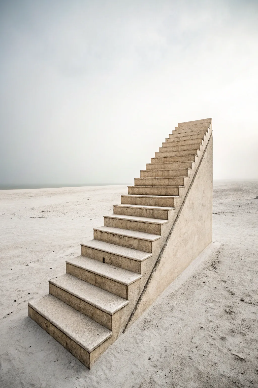 Surreal minimalist staircase fading into mist, impossible architecture for dreamy backgrounds