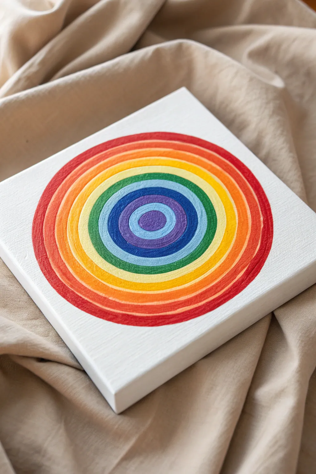 Crisp rainbow ring swirl painting with clean, saturated bands on a calm minimalist background.