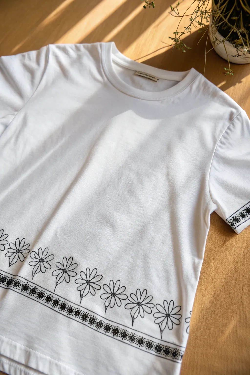 Easy daisy chain outline border on a white tee hem, minimalist Scandinavian boho drawing inspiration