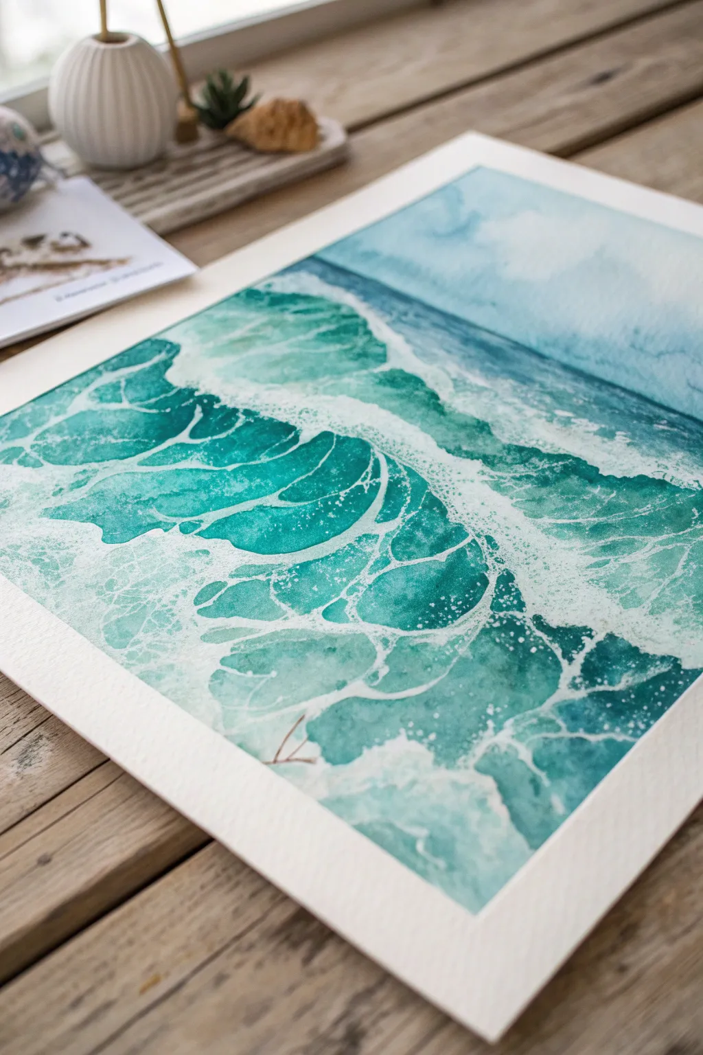 Teal watercolor ripples in layered tones, crisp highlights, and deep troughs for soothing depth.