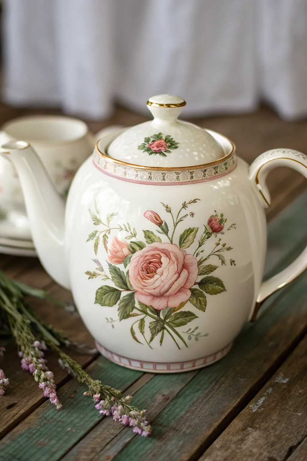 Hand-painted teapot with rose medallion and delicate leafy garland in soft boho minimal style.
