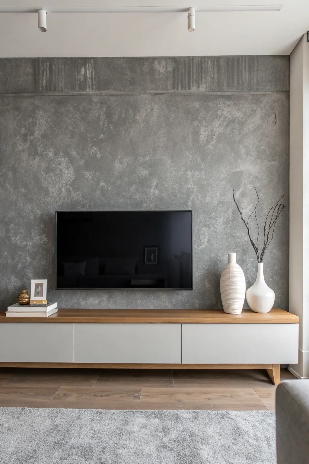 Cement-effect feature wall with rich light and dark patches for calm industrial vibes