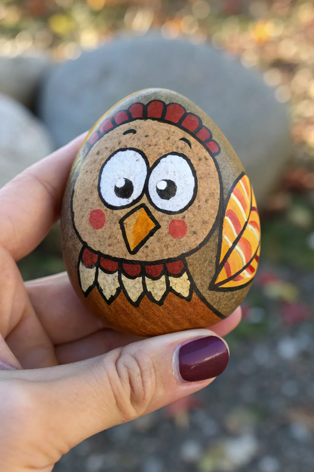 Wide-eyed cartoon turkey painted rock, a cute mini Thanksgiving gift with cozy boho vibes.