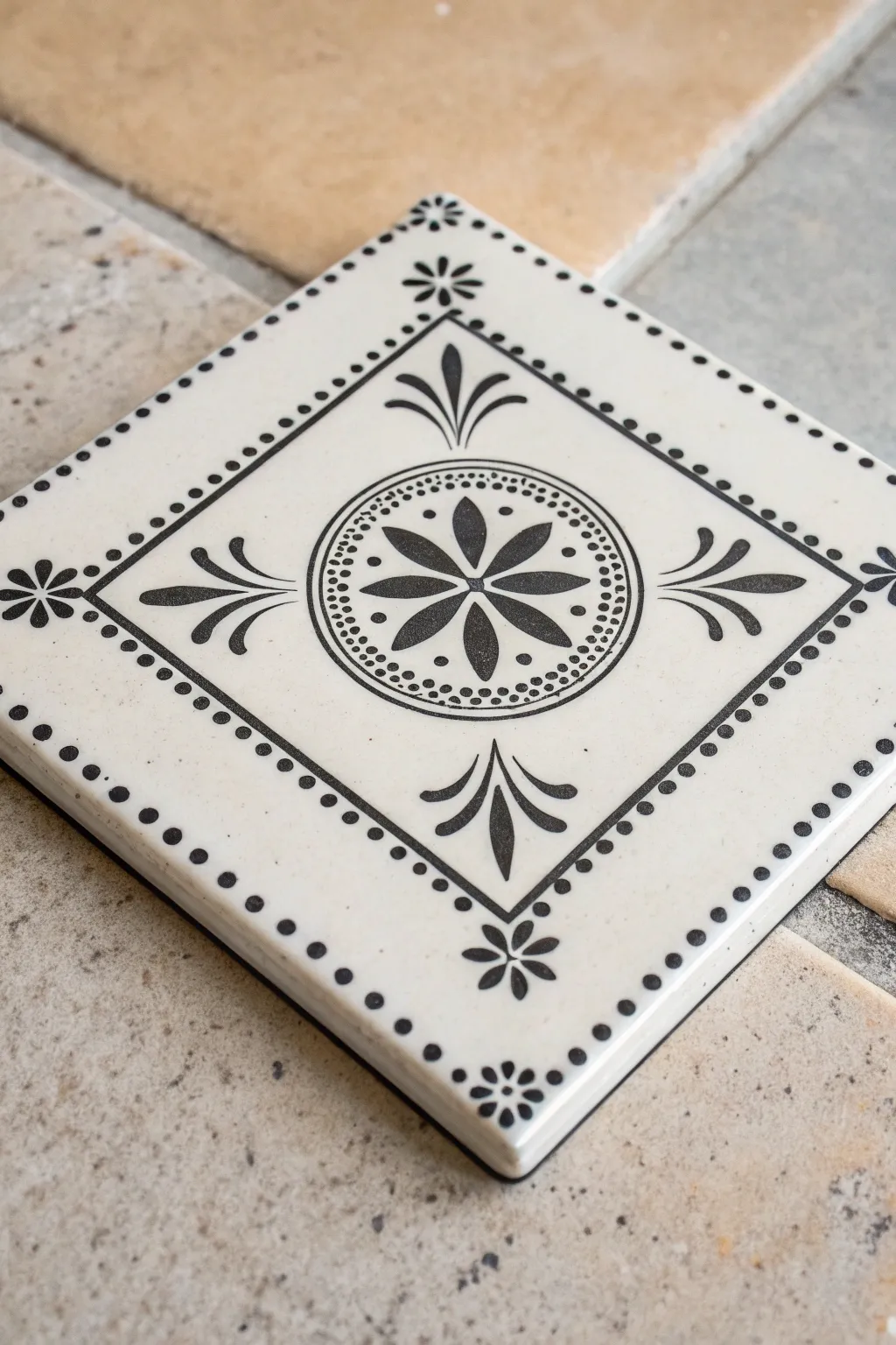 Minimal tile sketch: bold border details framing a delicate center medallion, clean and modern.