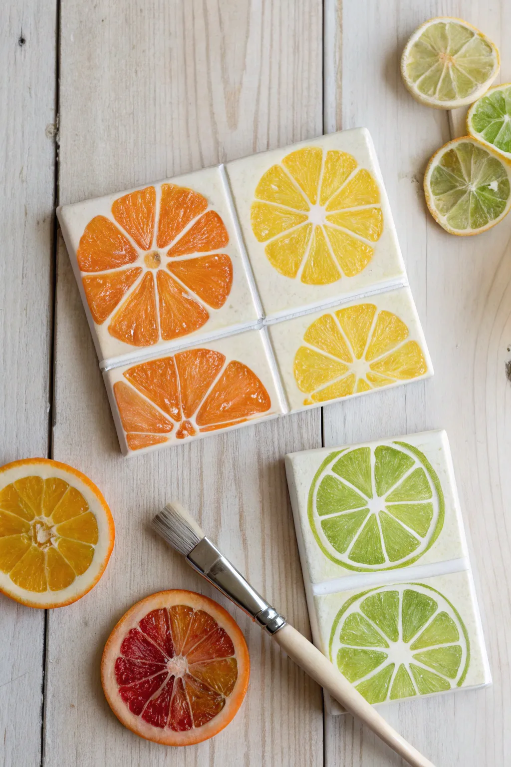 Sunny citrus slice hand painted tiles styled as coasters, bringing fresh kitchen cheer