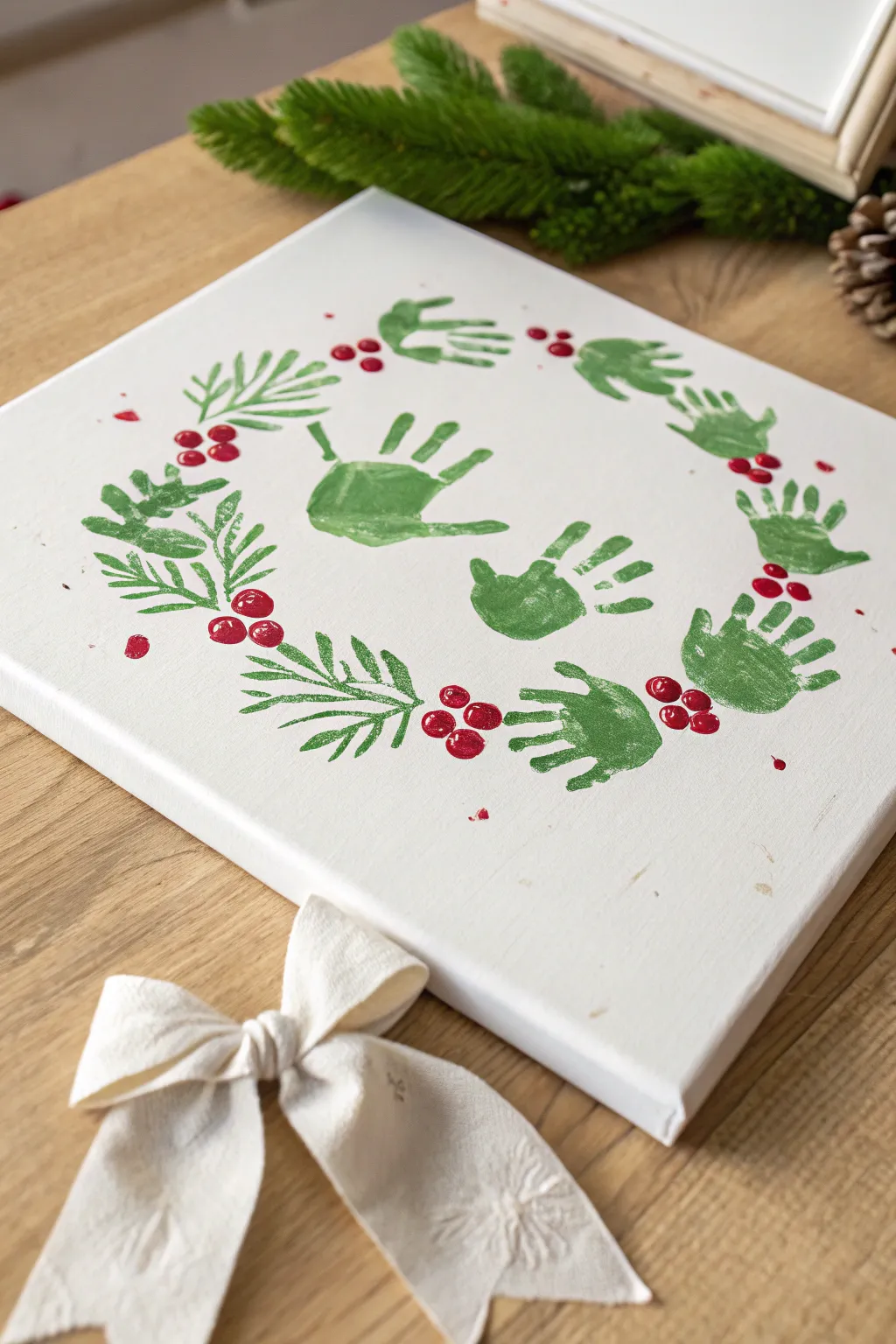 Minimal toddler handprint wreath canvas with berry fingerprints and a simple bow, festive and sweet