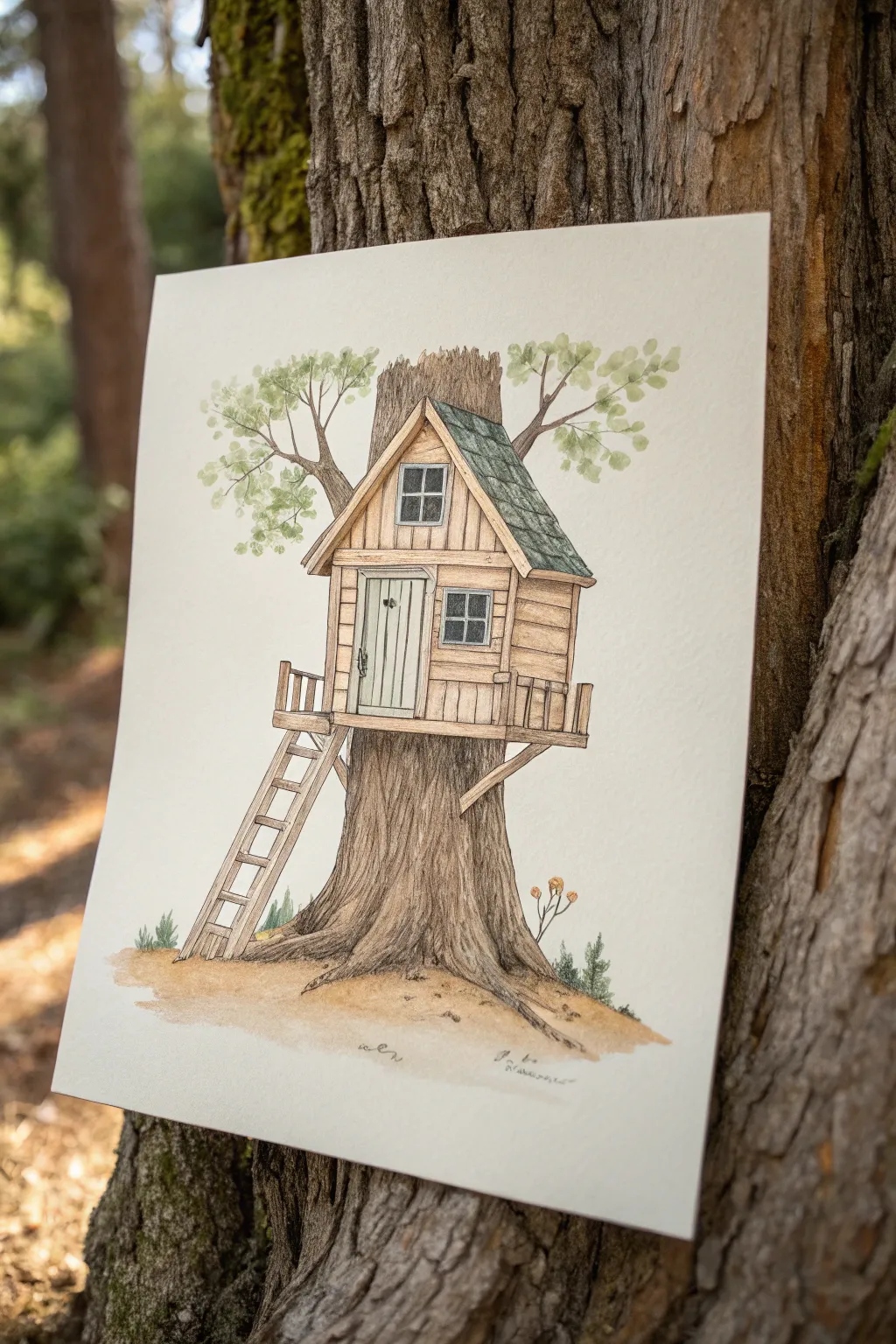 Minimal A-frame tree house sketch with bark texture and warm wood tones, perfect to recreate