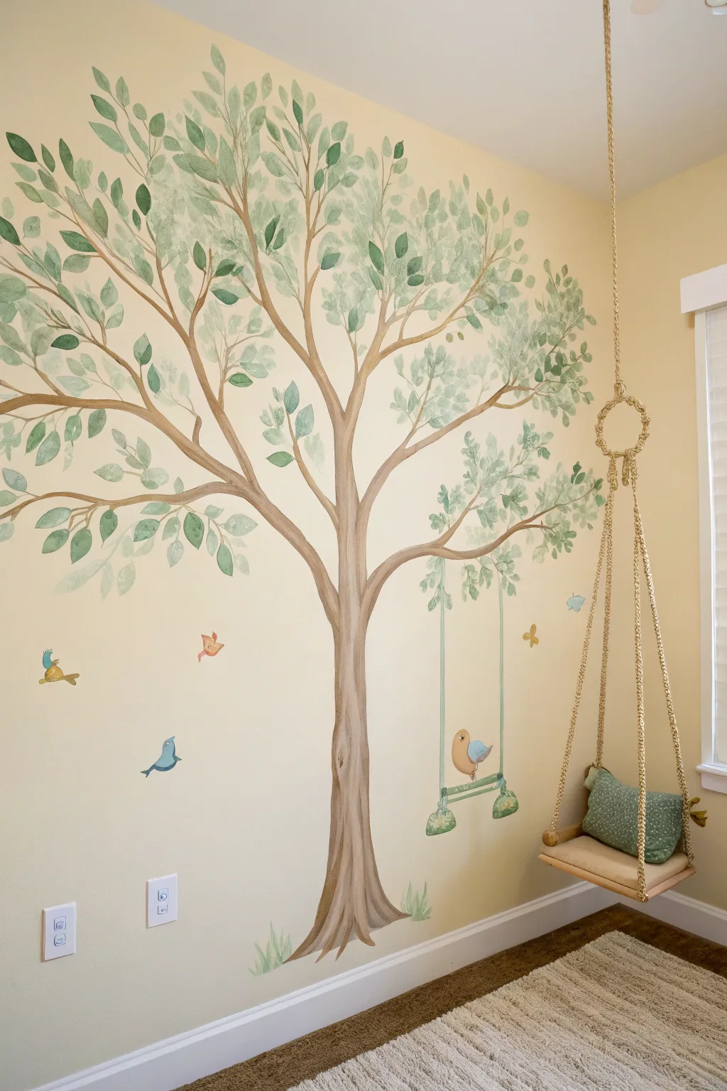 Dreamy storybook nursery tree mural with soft greens, tiny birds, and a sweet hanging swing