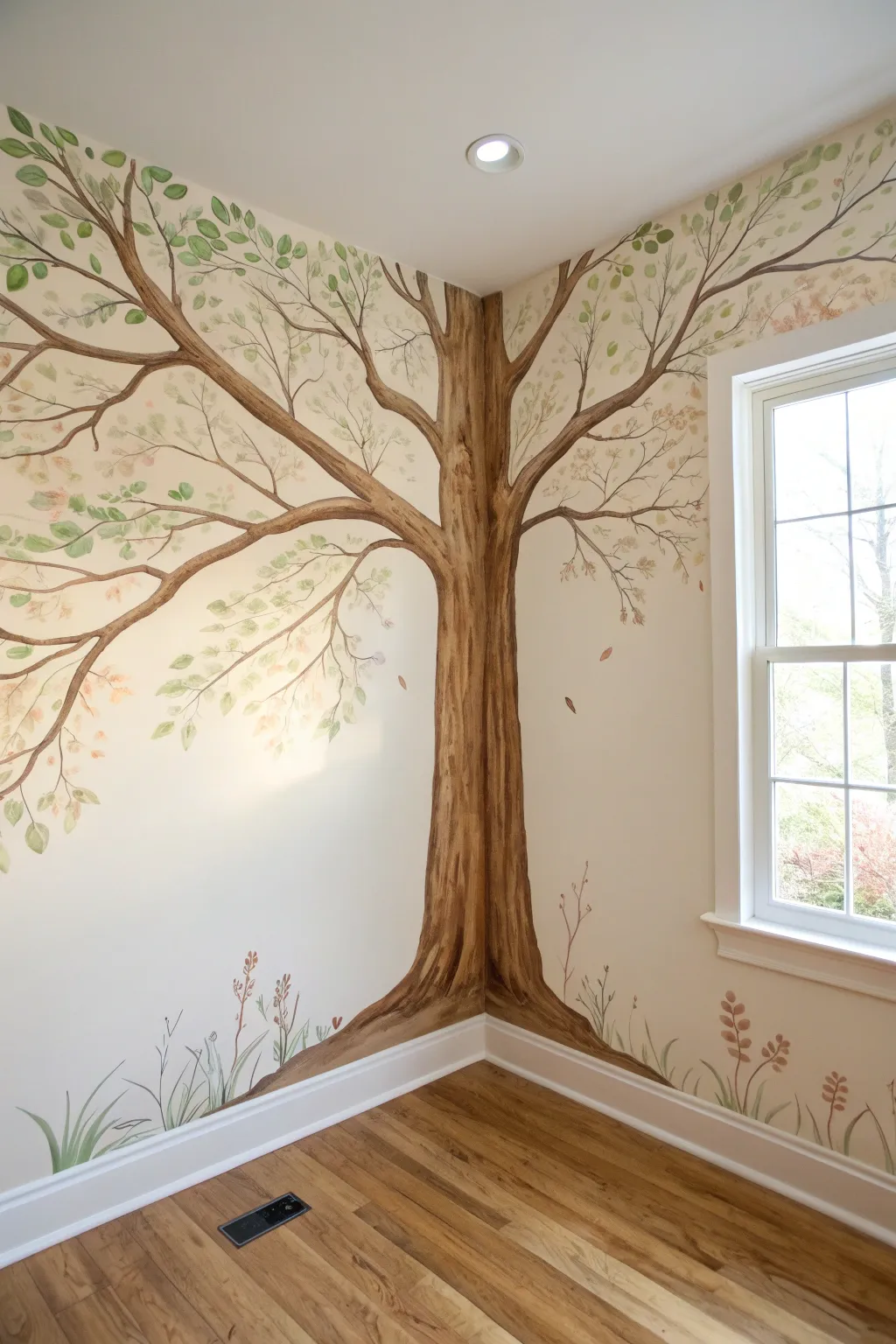 Tree trunk mural wrapping the corner, branching both ways for a cozy room illusion