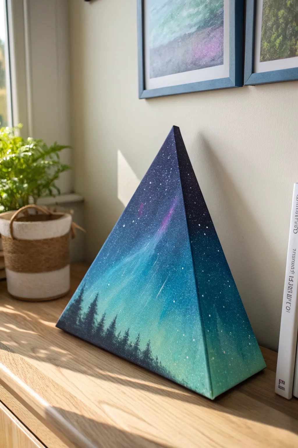 Triangle canvas aurora ribbons converge at the apex above a quiet snowy horizon