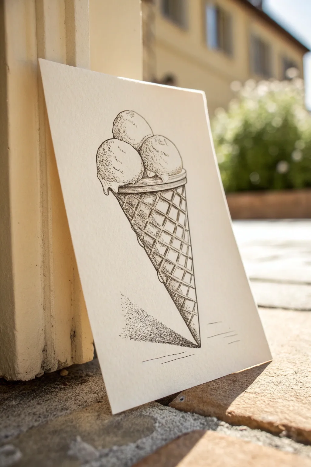 Minimalist triangle ice cream cone drawing with crisp crosshatching and soft Scandinavian boho warmth