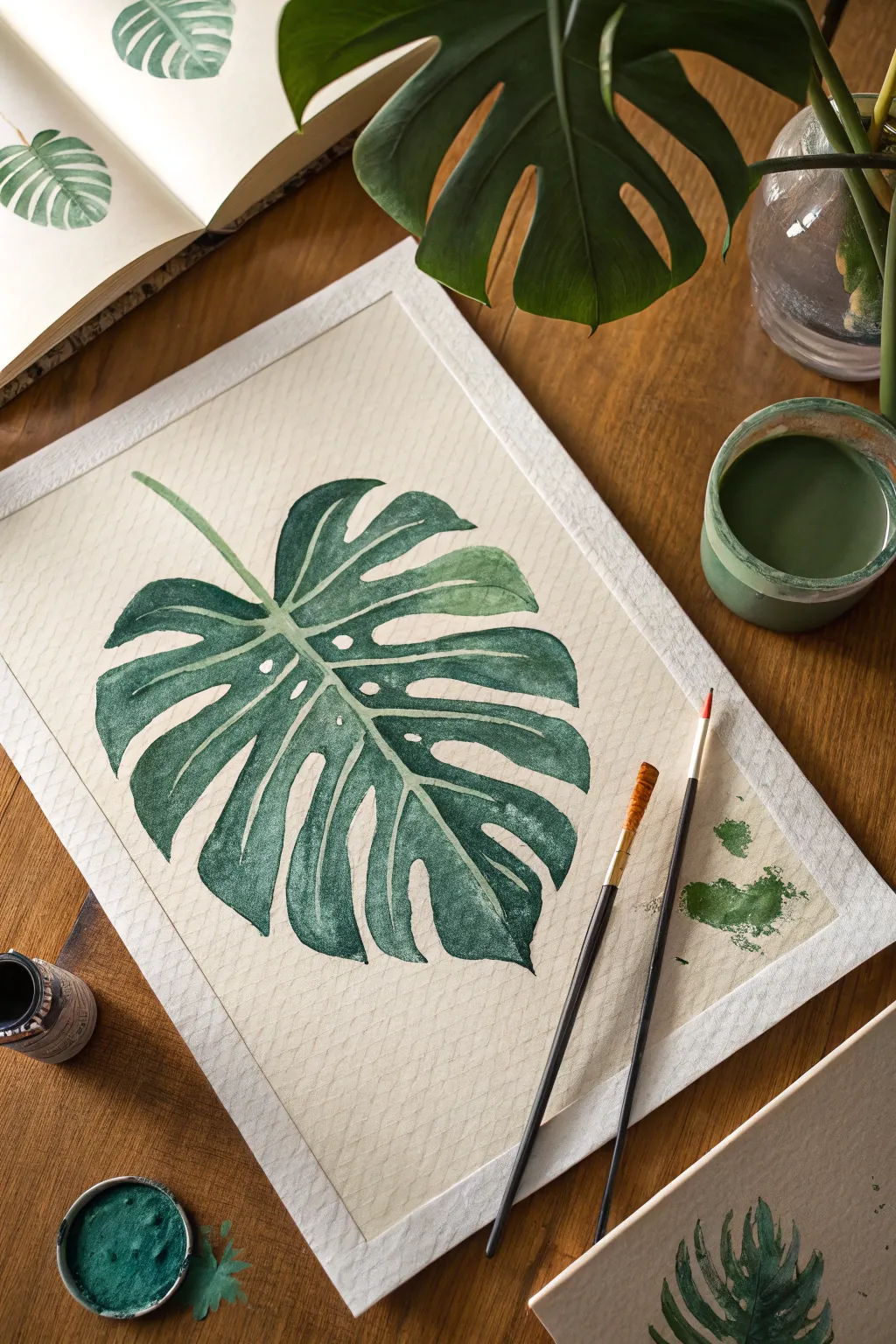 Minimal flat lay monstera leaf study in bold green, perfect for modern tropical painting inspo