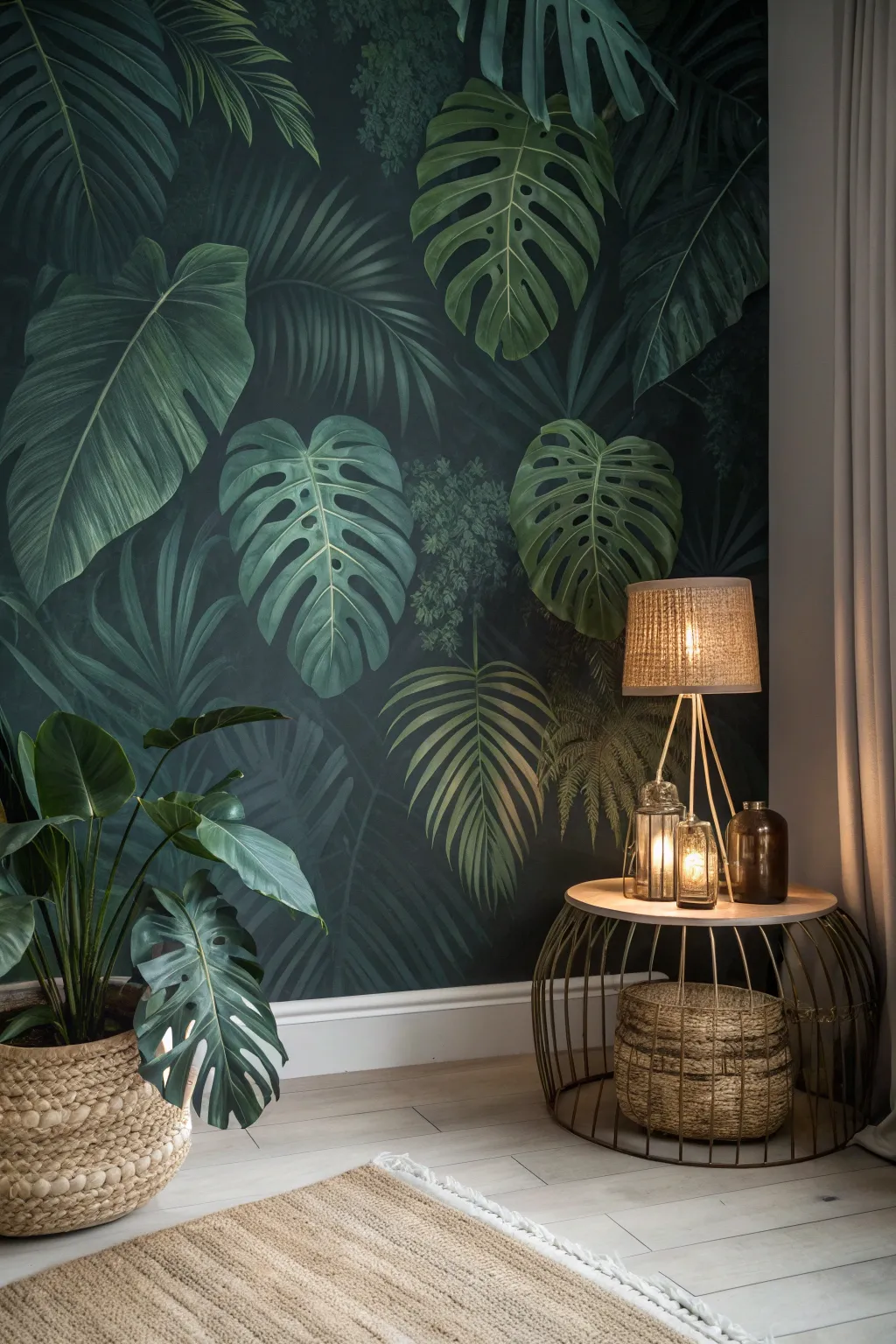 Dark jungle corner wrap mural in deep green, warmed by lamplight for a cozy dramatic contrast.