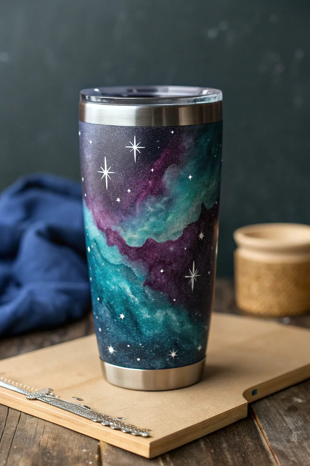 Paint a dreamy galaxy tumbler with nebula layers, star splatter, and soft glowing highlights