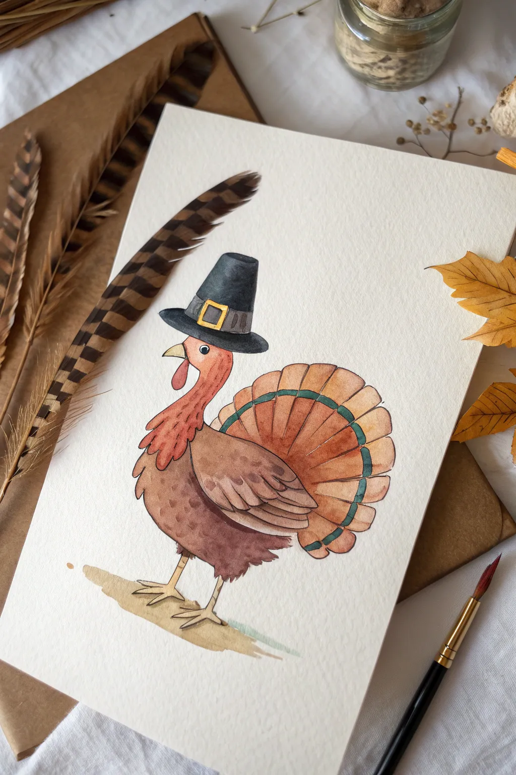 Goofy pilgrim-hat turkey with chunky tail feathers in a clean, minimalist holiday style.