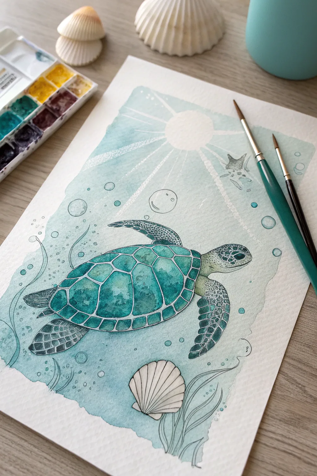 Turquoise underwater sea turtle illustration with soft bubbles and sunrays, simple and serene.