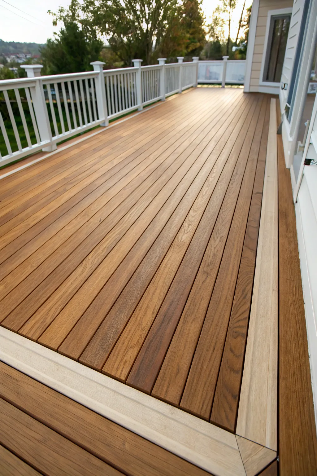 Crisp two tone deck stain with a bold picture frame border for clean, modern contrast