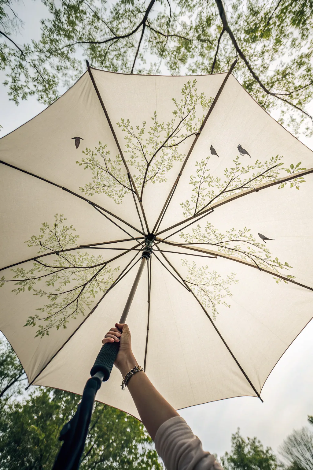 Minimal boho umbrella with dark branches along ribs, simple leaves and tiny birds overhead