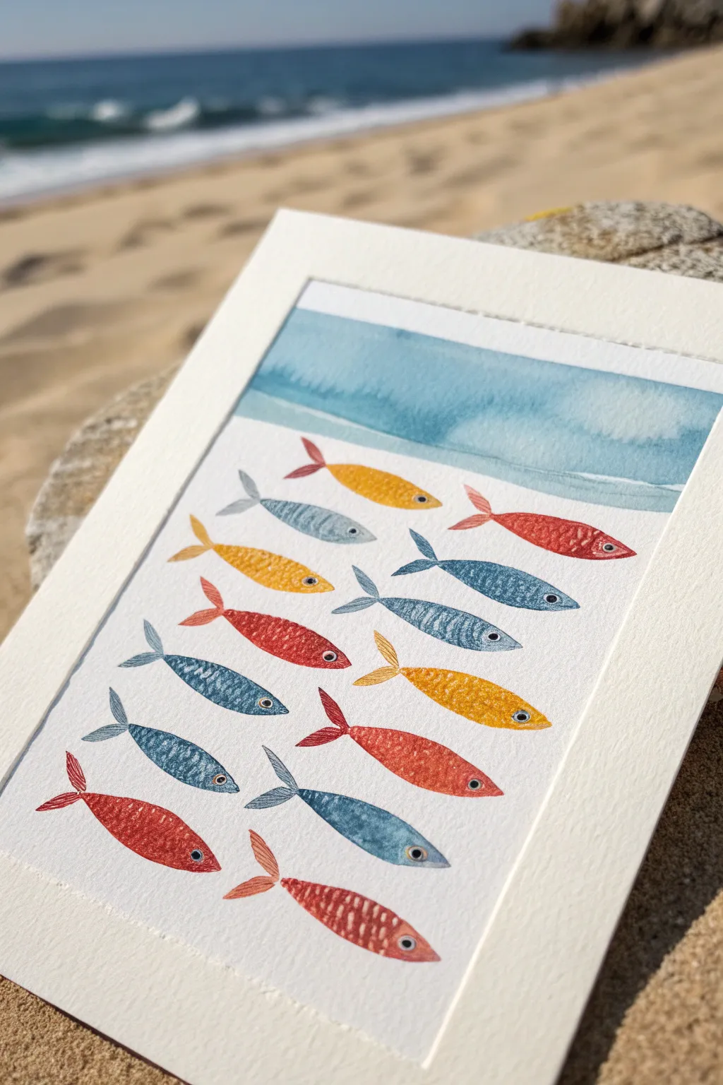 Simple oval and triangle fish glide across a blue gradient, perfect for an easy undersea painting