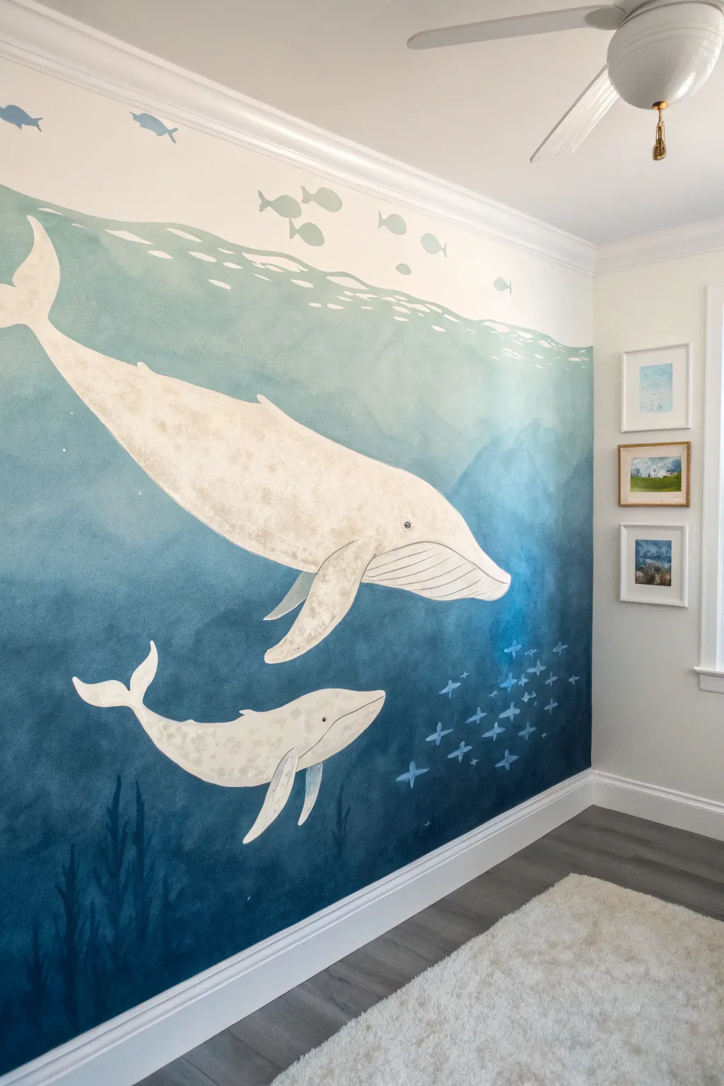 Whale and calf drifting overhead with a deepening blue fade below for a serene mural mood.