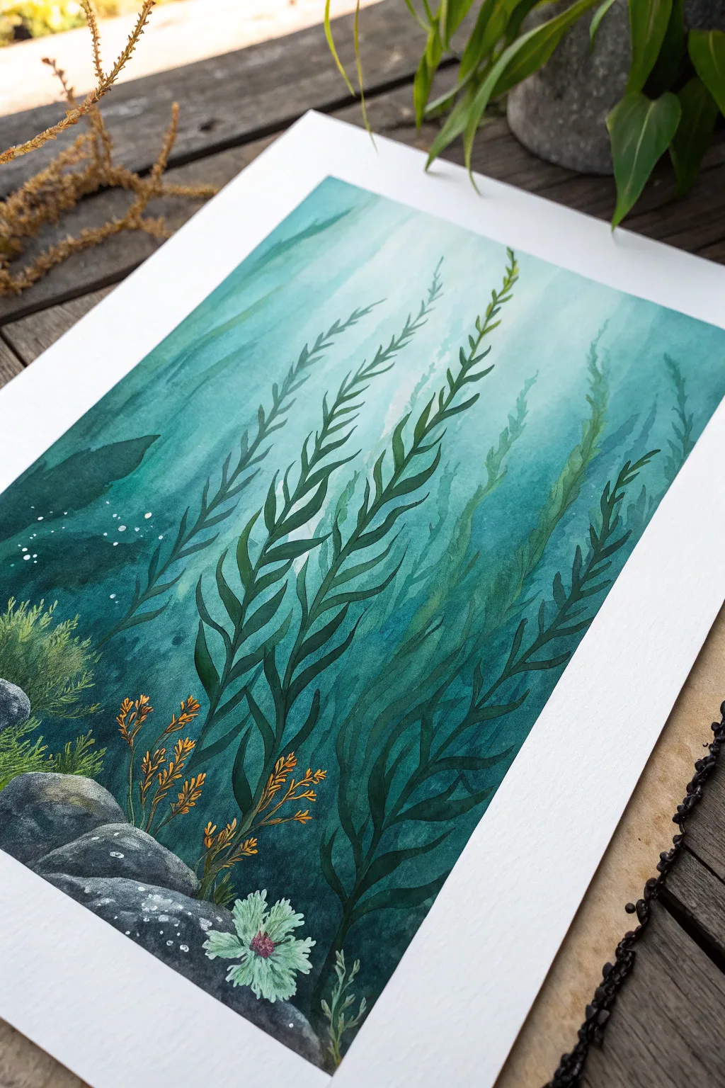Easy underwater strokes: dark teal kelp rising on crisp white paper, minimalist boho mood.