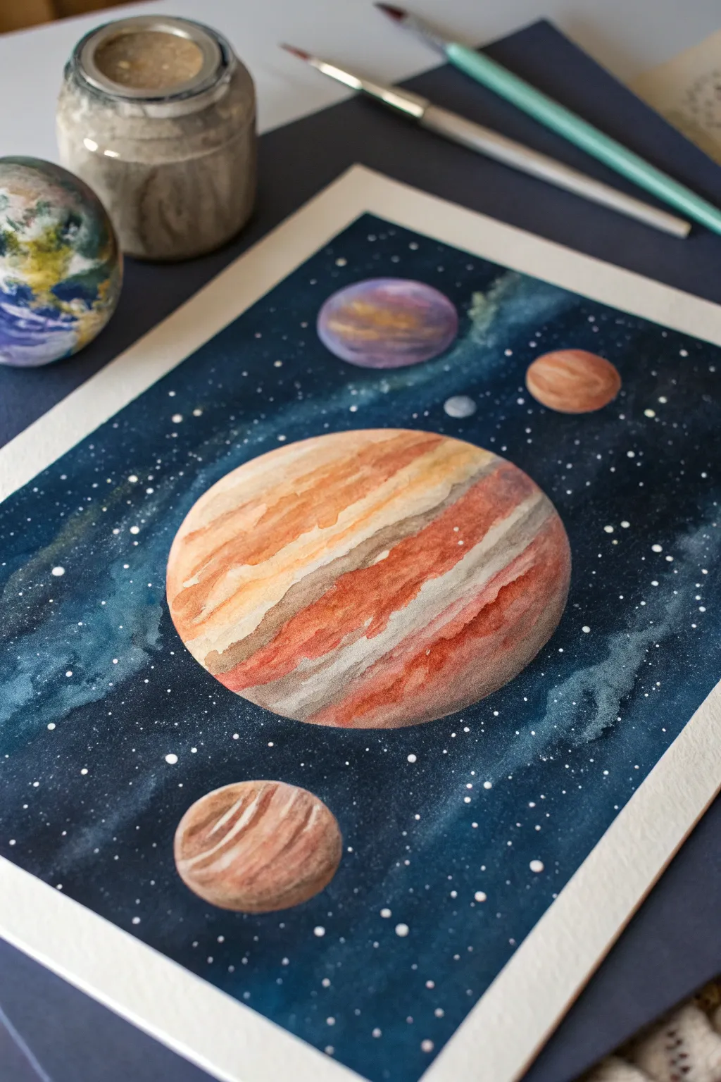 A bold focal planet in deep space, with boho hues and layered stars for dreamy depth