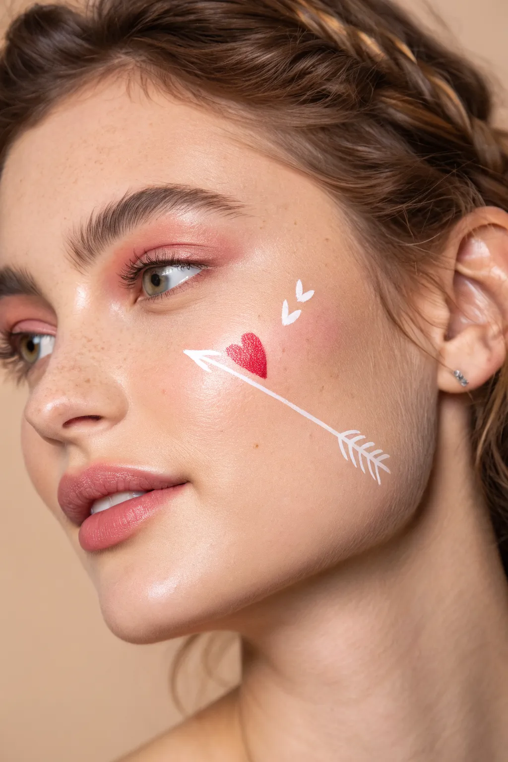 Cupid arrow cheek detail with a tiny heart tip, simple shading, and clean minimalist vibes
