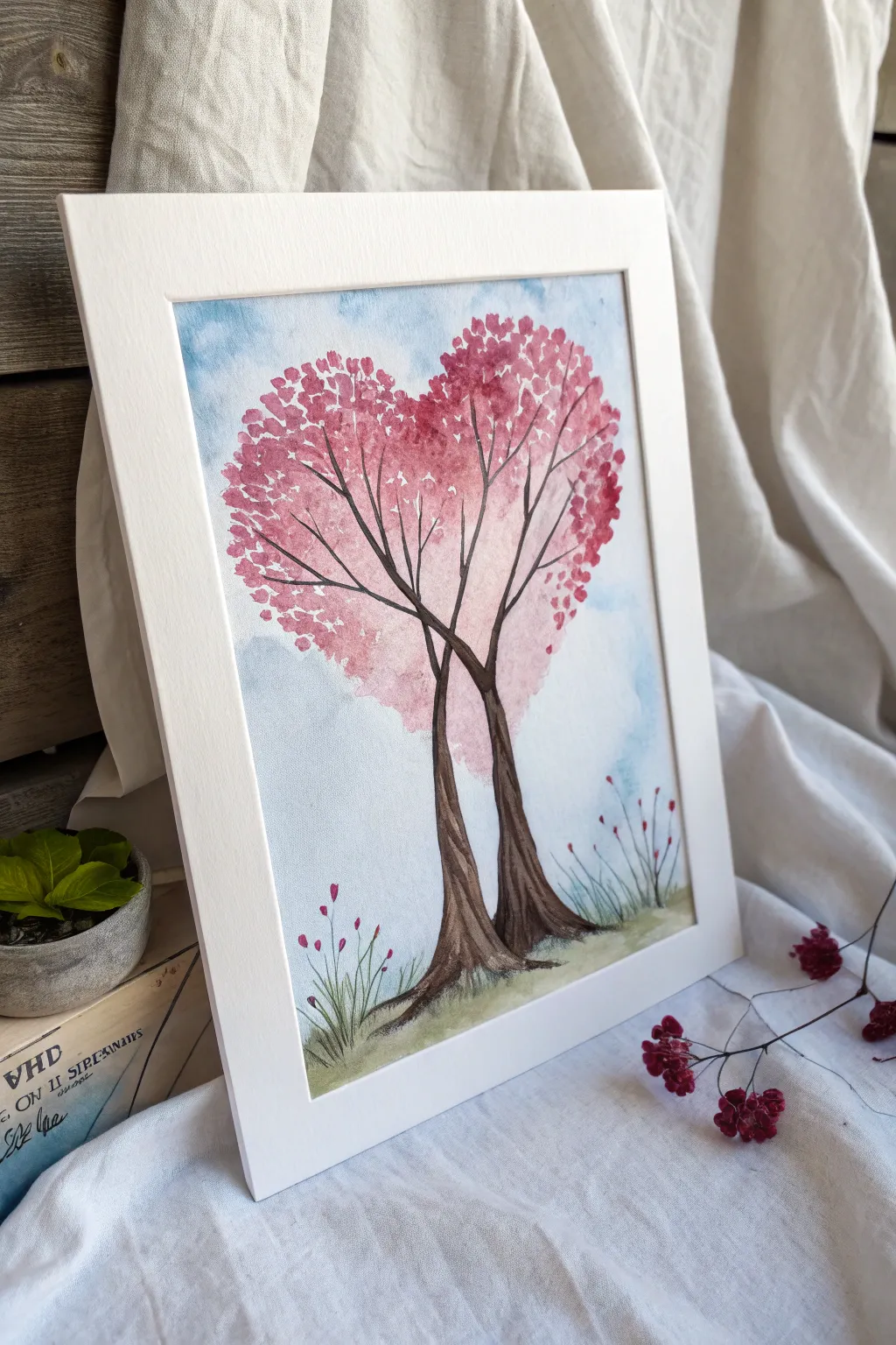 Heart-shaped tree canopy in blush and red on soft blue sky, a minimalist Valentine painting idea