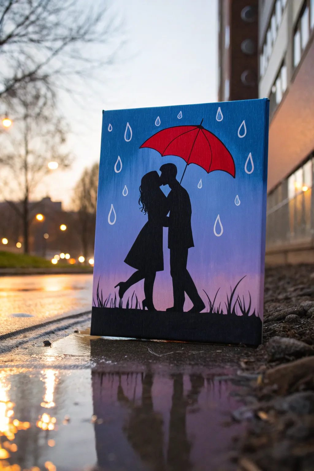 Bold silhouettes kiss under a red umbrella, with easy raindrops and a dreamy blue-purple glow.