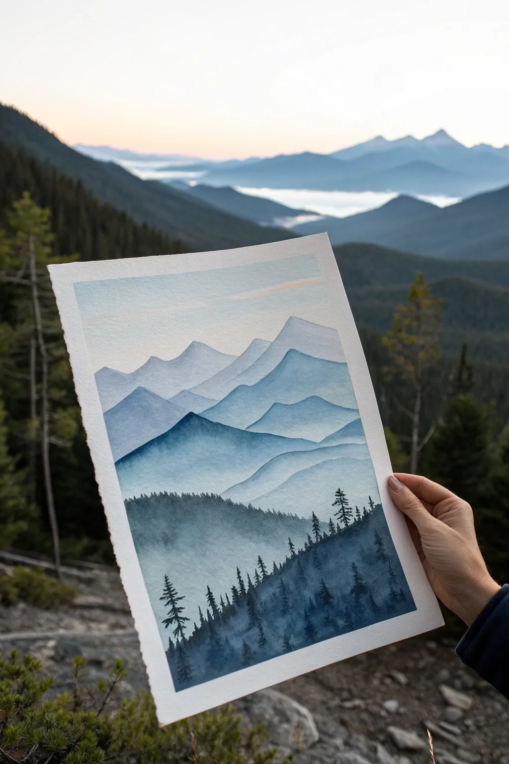 Practice atmospheric perspective: 5 mountain layers fading softly into a pale sky