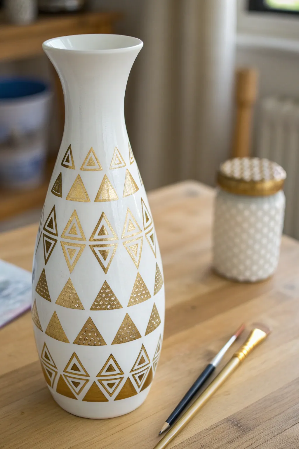 Create a chic statement piece with this DIY gold geometric tape resist vase pattern.