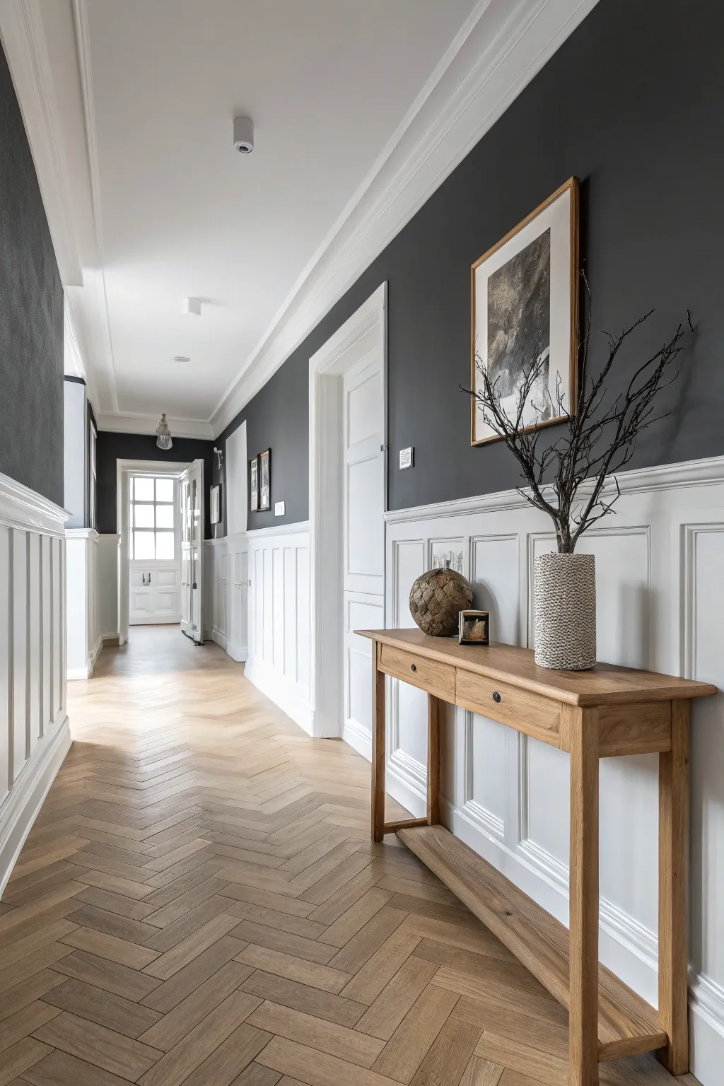 Elevate your space with this dramatic charcoal and white two-tone wall design.