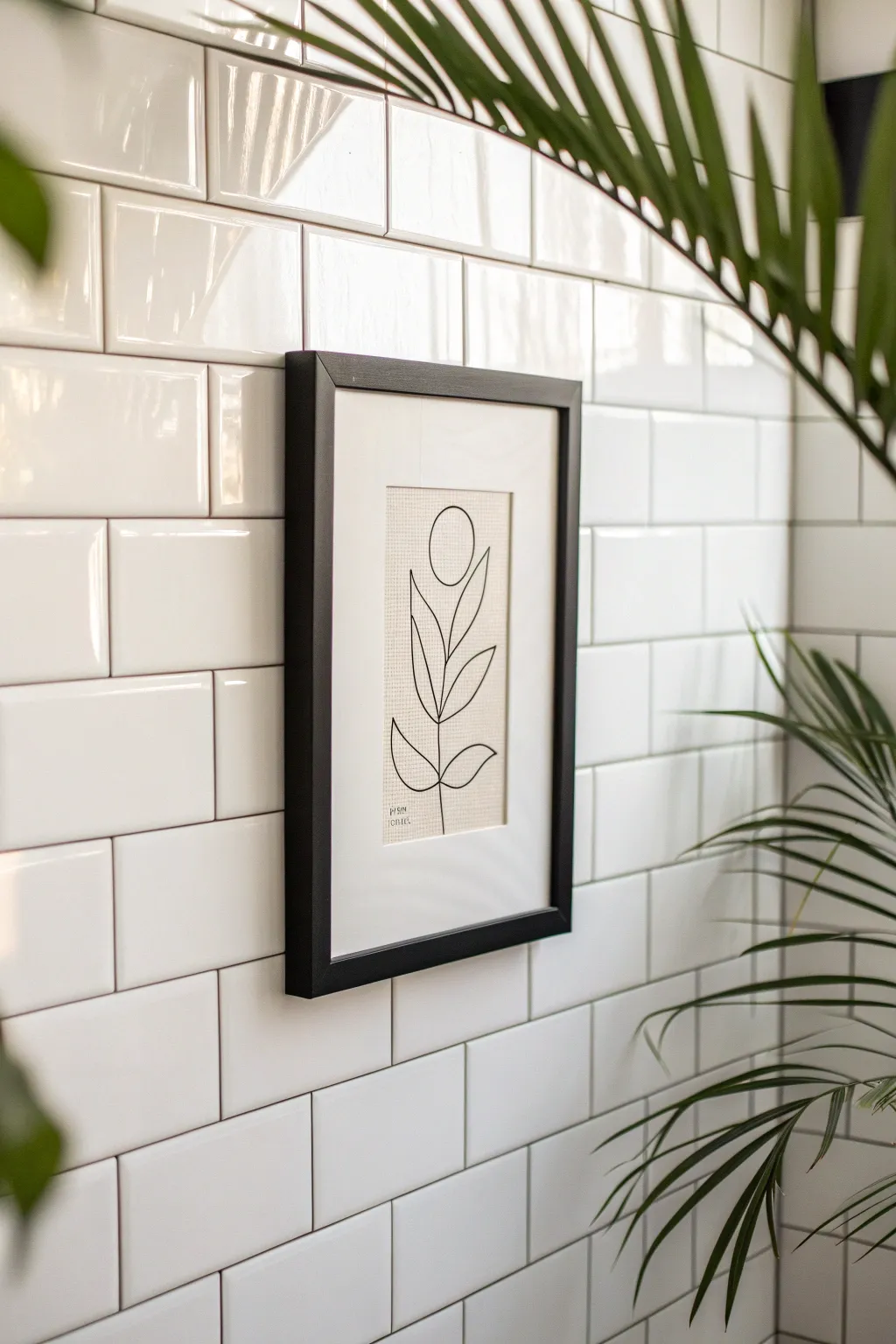Simple black frame art pops on light tile for a clean, calming Scandinavian bathroom vibe