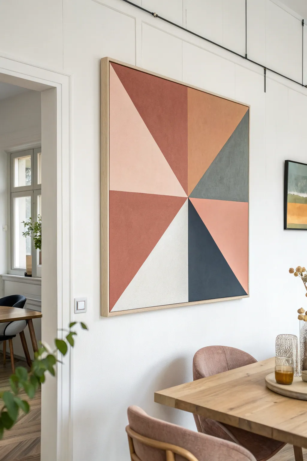 Modern geometric color-block canvas in soft boho tones, crisp lines, Scandinavian calm