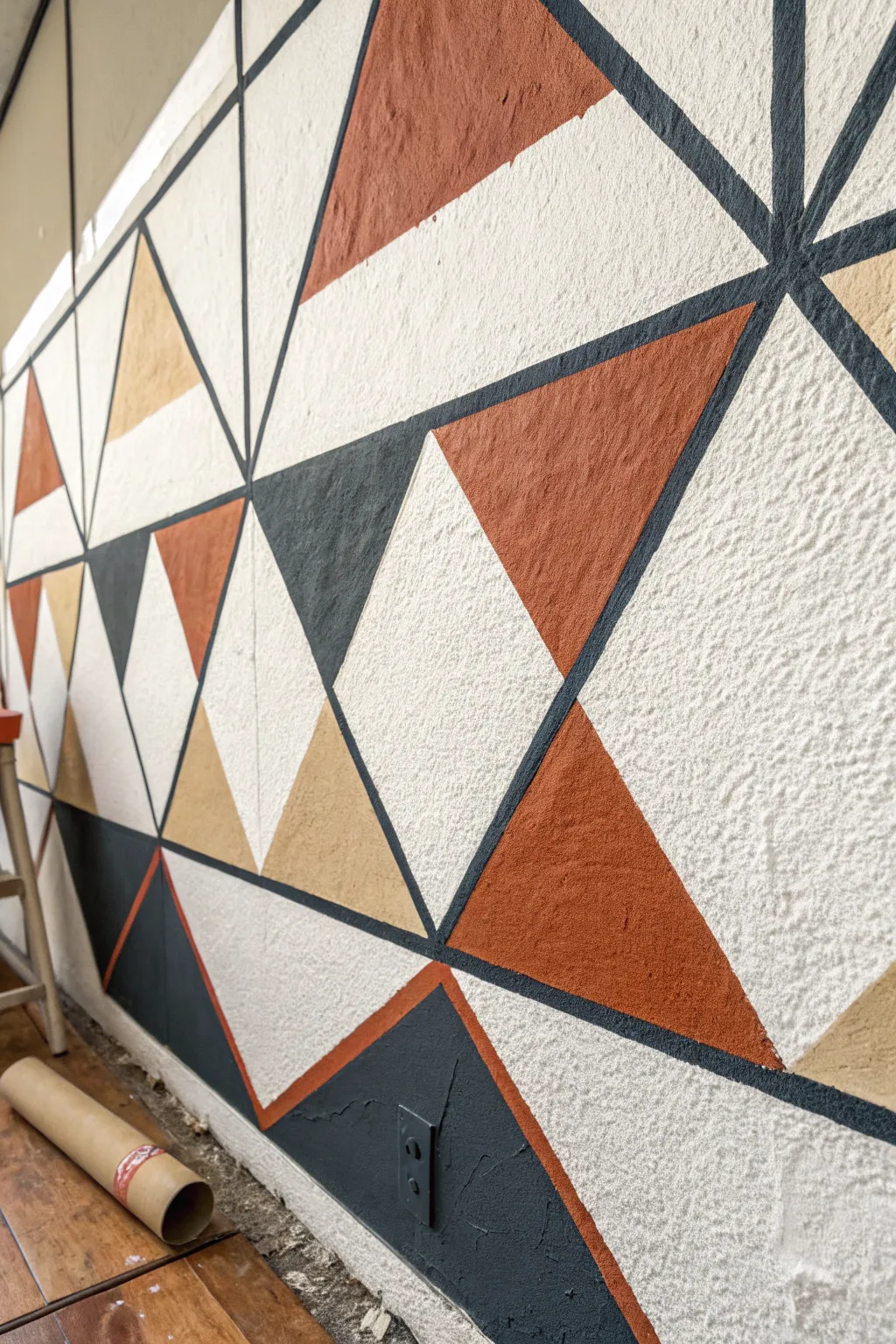 Clean triangle wall pattern with tape guides for sharp lines in minimalist Scandinavian boho style