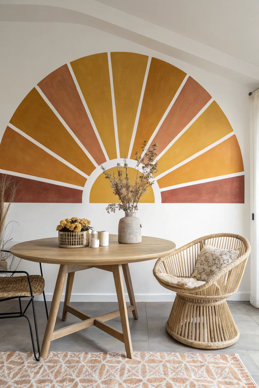 Bring warmth to your dining area with a geometric retro sun mural in cozy terracotta and mustard tones.