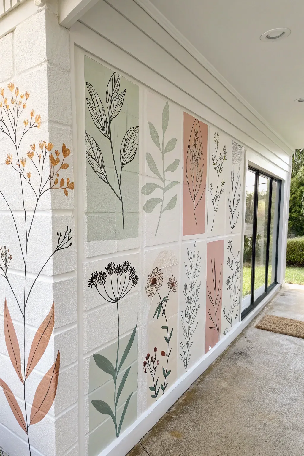 Create a serene focal point by layering delicate botanical lines over organic pastel shapes.