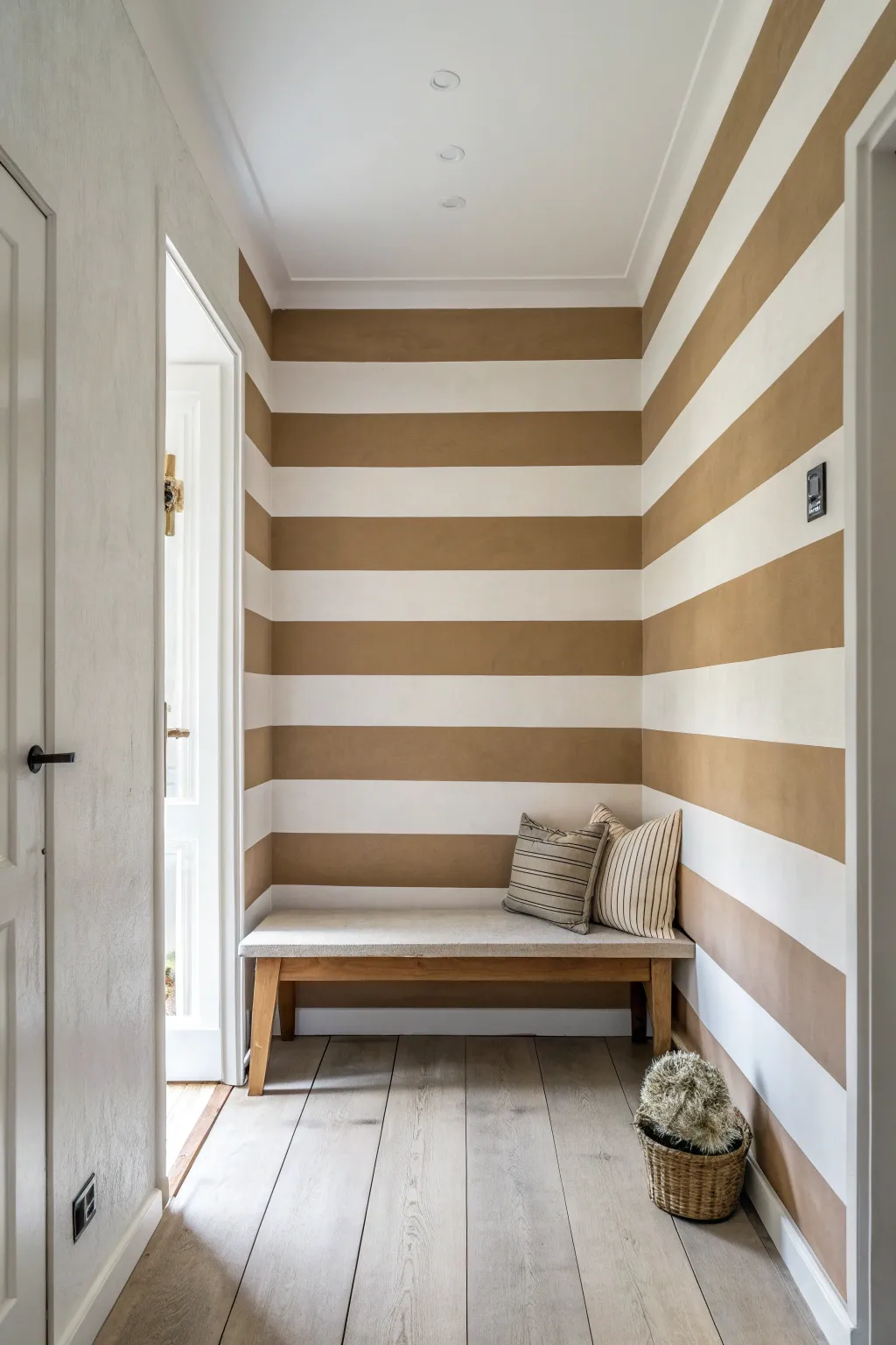 Horizontal stripes can visually widen a narrow room while keeping a calm Scandinavian vibe.