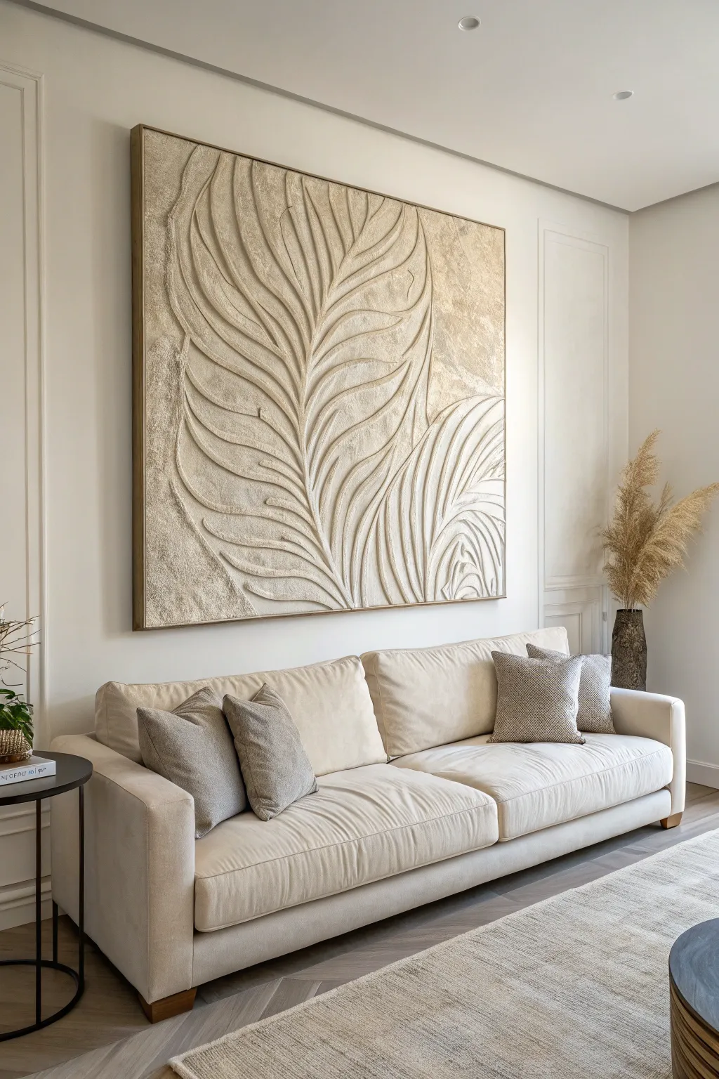 Raised neutral texture art above a linen sofa, Scandinavian calm with subtle boho warmth.