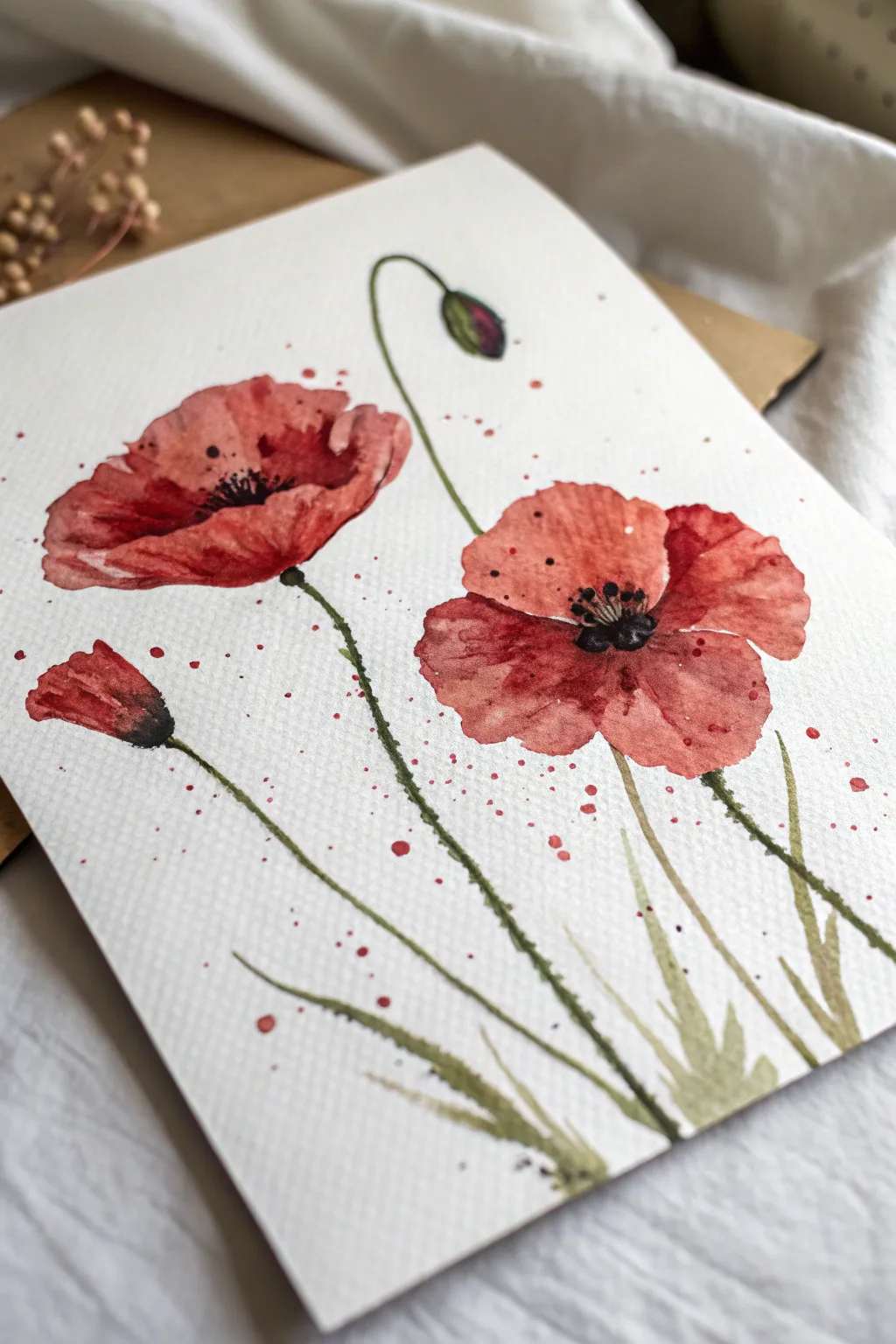 Wet-on-wet poppy blooms with soft gradients and lively splatters, minimal and feminine.
