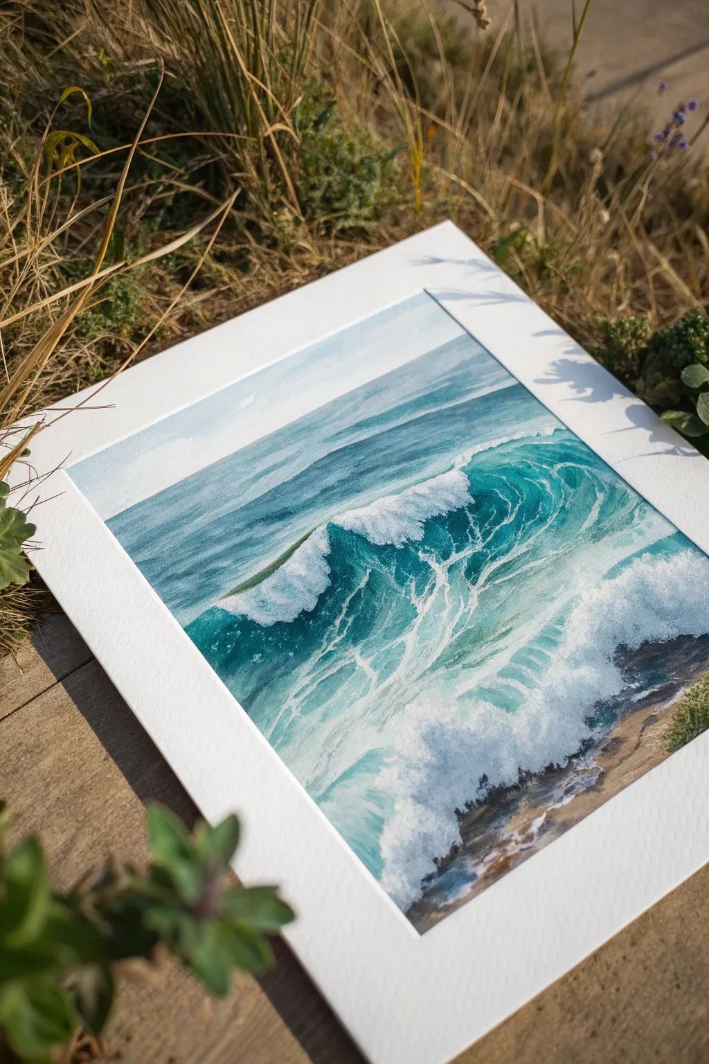 Ocean wave watercolor study with airy sea spray splatter and crisp foam highlights