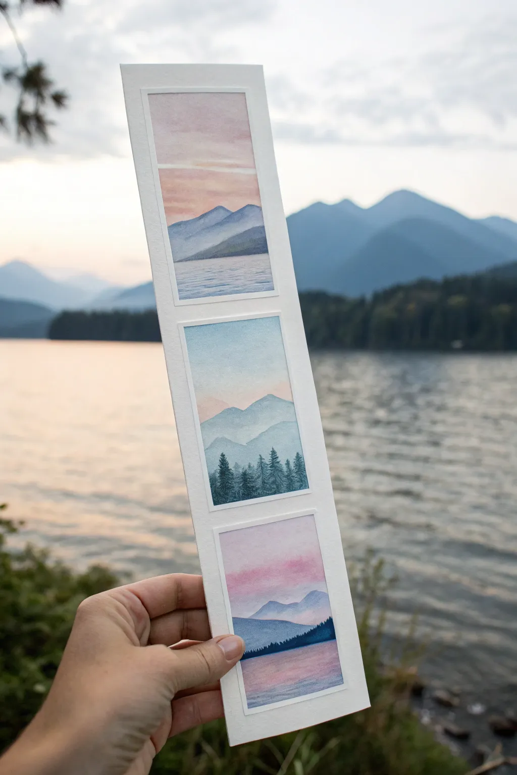 Three mini watercolor pencil bookmark landscapes on one page, each with a different color mood.