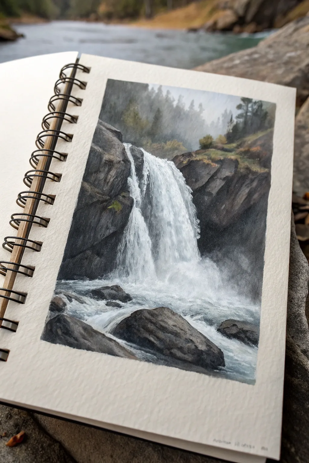 Waterfall flow study with soft spray and crisp rock edges, plus light guide lines to follow